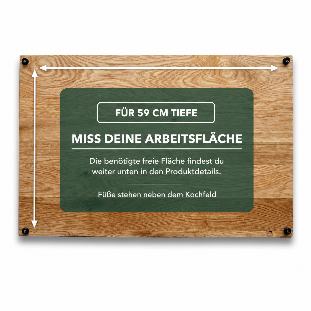 Hinweis zur Herdabdeckplatte Wildeiche mit 59 cm Tiefe: freie Arbeitsfläche ausmessen, Maße in den Produktdetails, Füße stehen neben dem Kochfeld