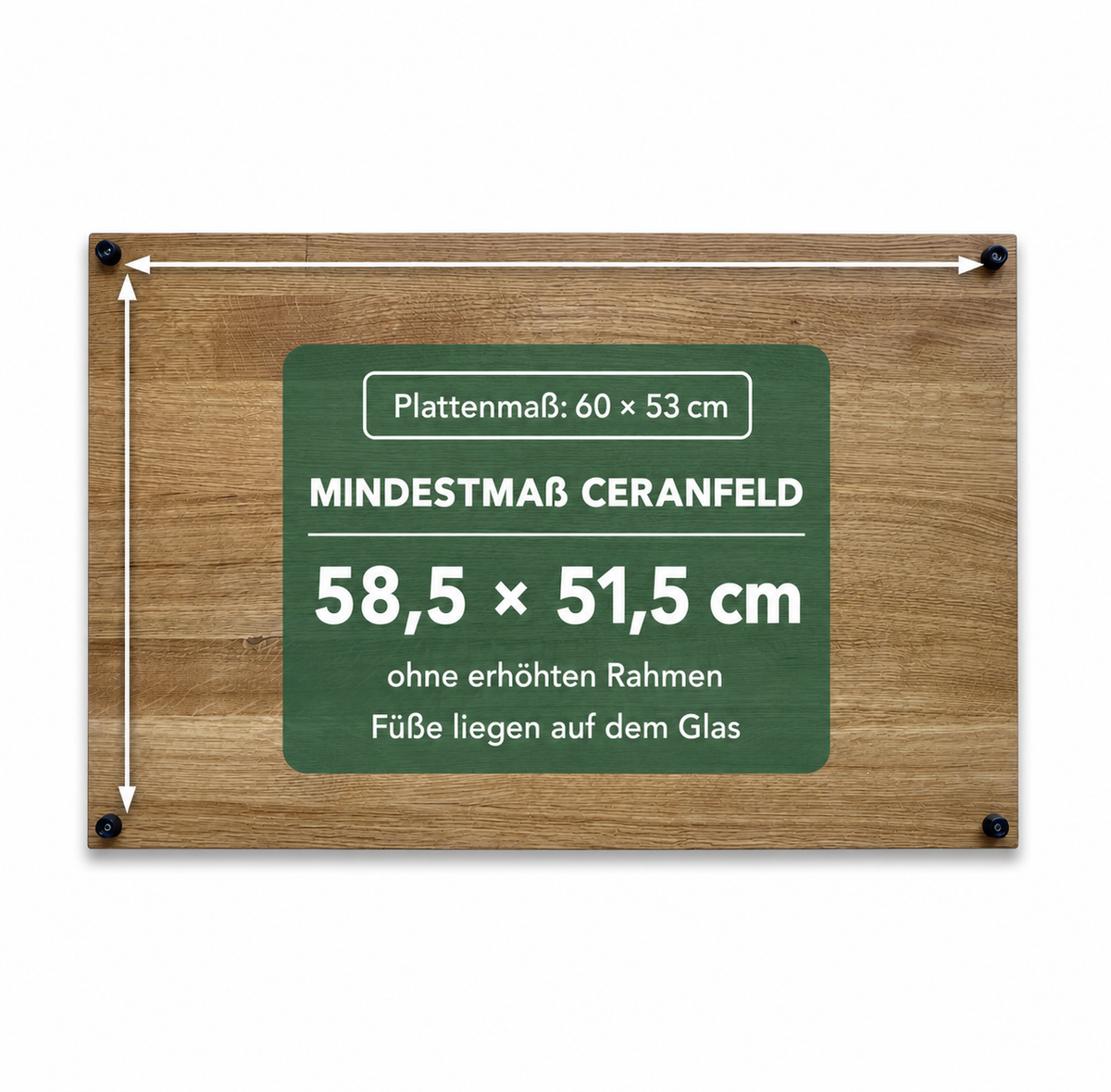 Eiche: Herdabdeckplatte 60 × 53 cm, Glasfläche mindestens 58,5 × 51,5 cm
