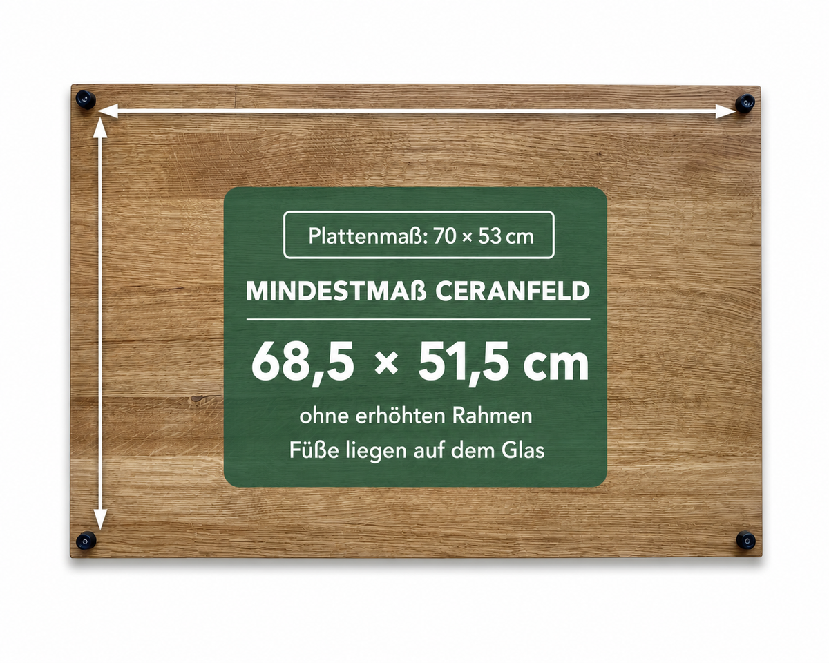 Eiche: Herdabdeckplatte 70 × 53 cm, Glasfläche mindestens 68,5 × 51,5 cm