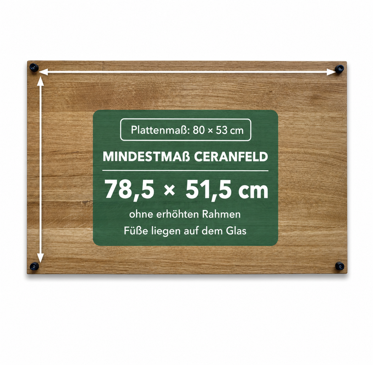 Eiche: Herdabdeckplatte 80 × 53 cm, Glasfläche mindestens 78,5 × 51,5 cm