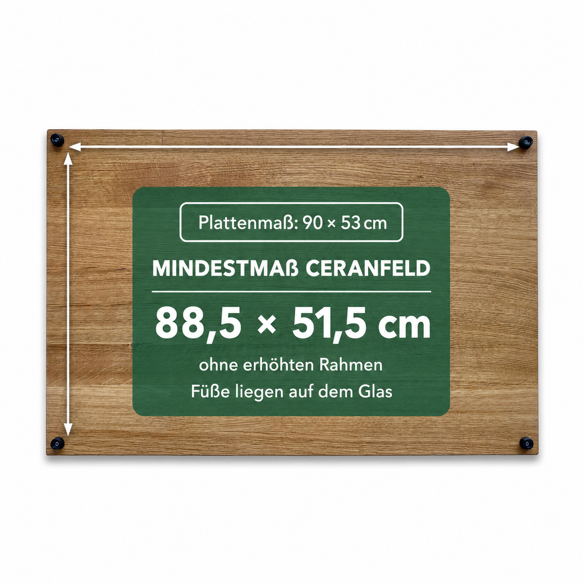 Eiche: Herdabdeckplatte 90 × 53 cm, Glasfläche mindestens 88,5 × 51,5 cm