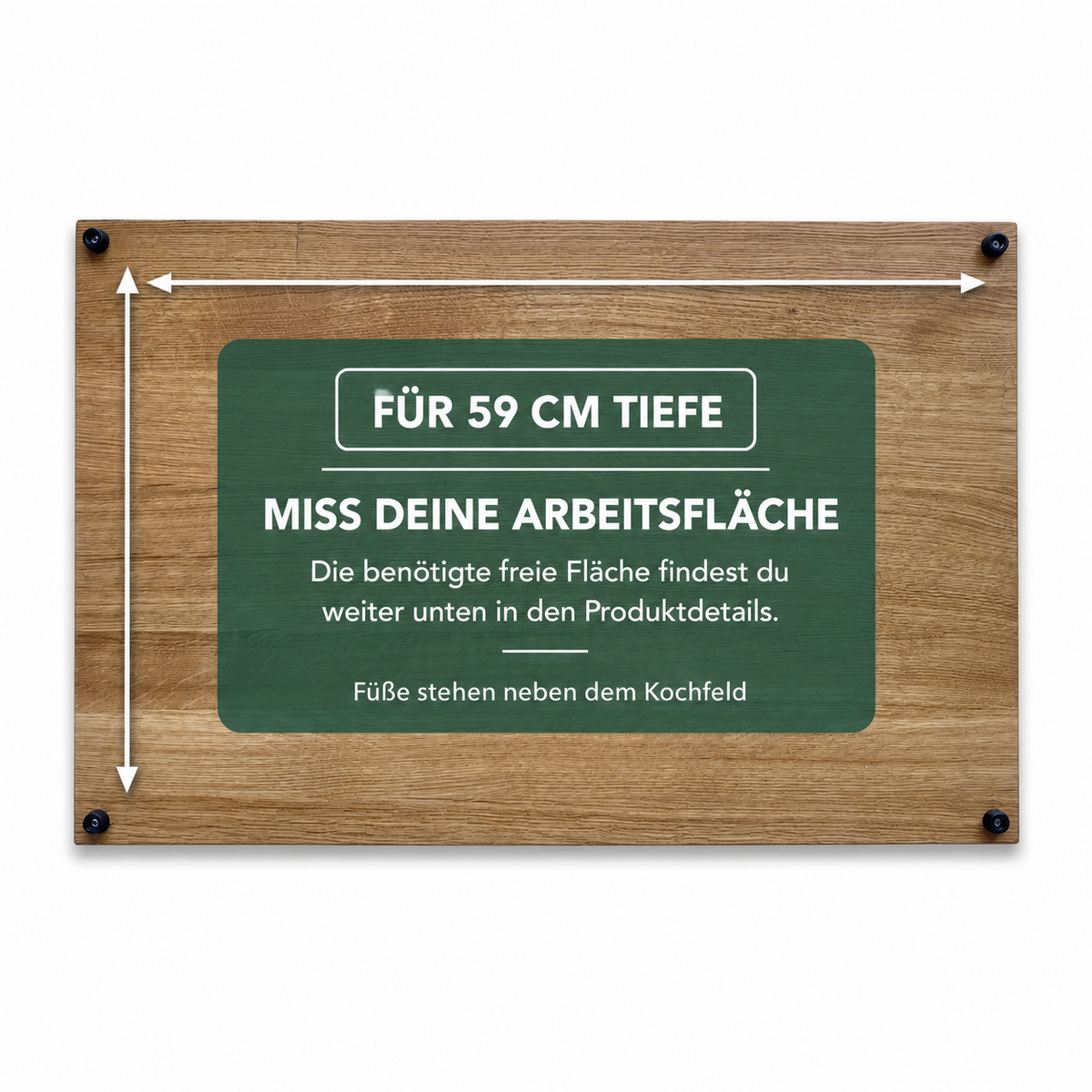 Hinweis zur Herdabdeckplatte Eiche mit 59 cm Tiefe: freie Arbeitsfläche ausmessen, Maße in den Produktdetails, Füße stehen neben dem Kochfeld