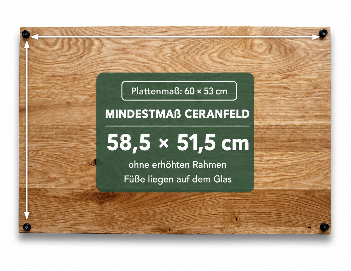 Wildeiche: Herdabdeckplatte 60 × 53 cm, Glasfläche mindestens 58,5 × 51,5 cm