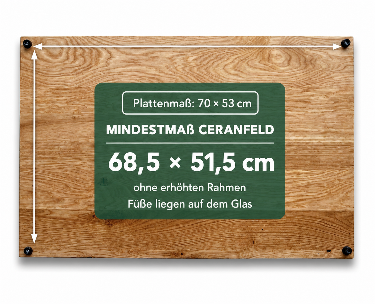 Wildeiche: Herdabdeckplatte 70 × 53 cm, Glasfläche mindestens 68,5 × 51,5 cm