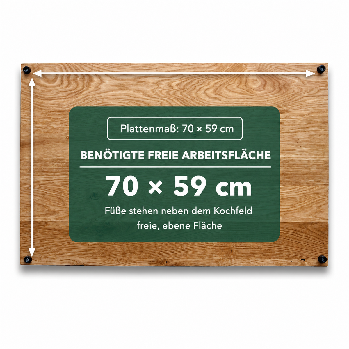 Wildeiche: Herdabdeckplatte 70 × 59 cm, freie Arbeitsfläche mindestens 70 × 59 cm