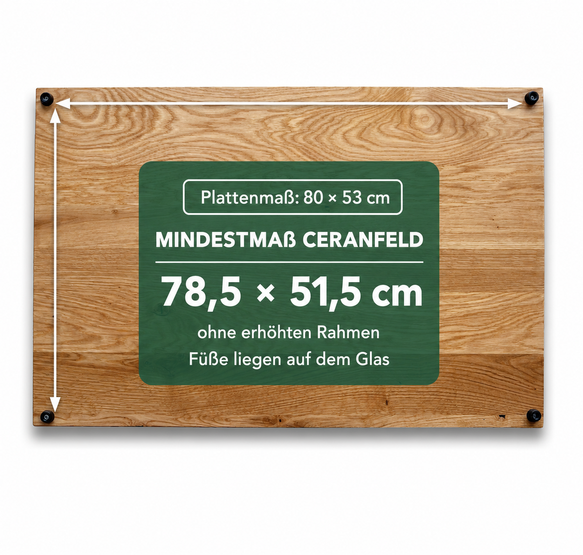 Wildeiche: Herdabdeckplatte 80 × 53 cm, Glasfläche mindestens 78,5 × 51,5 cm