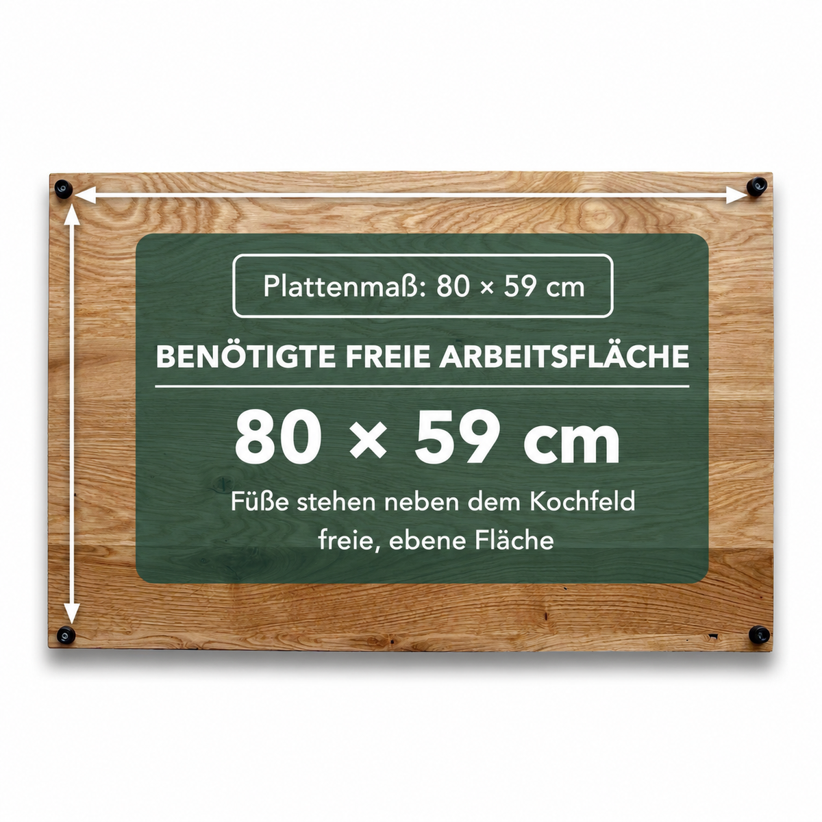 Wildeiche: Herdabdeckplatte 80 × 59 cm, freie Arbeitsfläche mindestens 80 × 59 cm