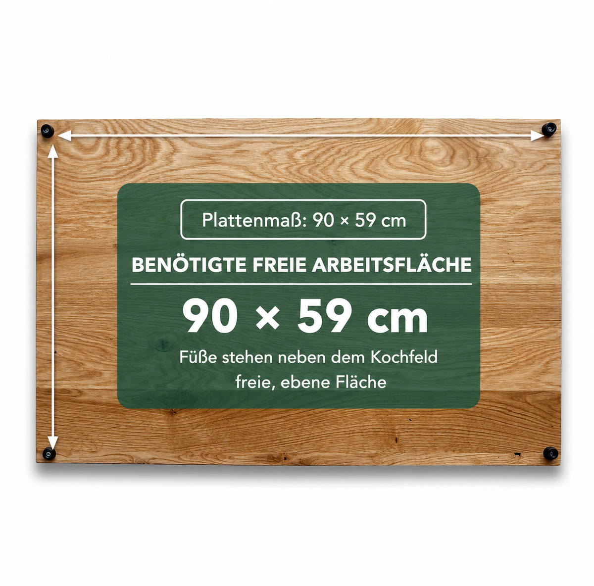 Wildeiche: Herdabdeckplatte 90 × 59 cm, freie Arbeitsfläche mindestens 90 × 59 cm