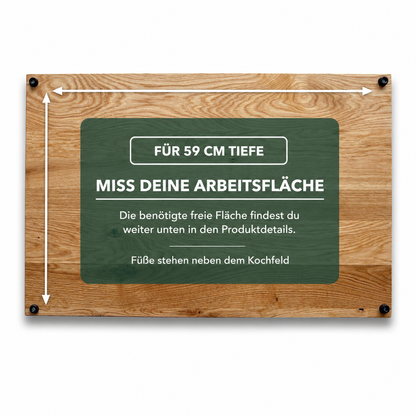 Hinweis zur Herdabdeckplatte Wildeiche mit 59 cm Tiefe: freie Arbeitsfläche ausmessen, Maße in den Produktdetails, Füße stehen neben dem Kochfeld