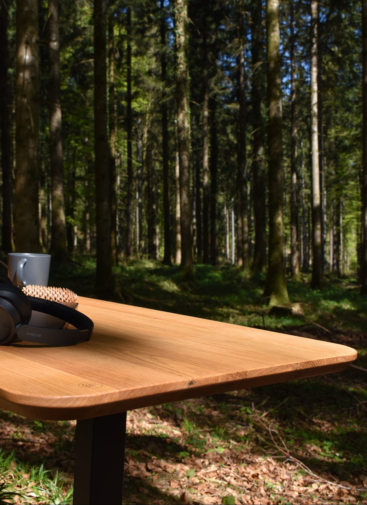 Massivholz Tischplatte auf schwarzen Tischmeinen im Wald in der Natur mit Kopfhörern und Tasse